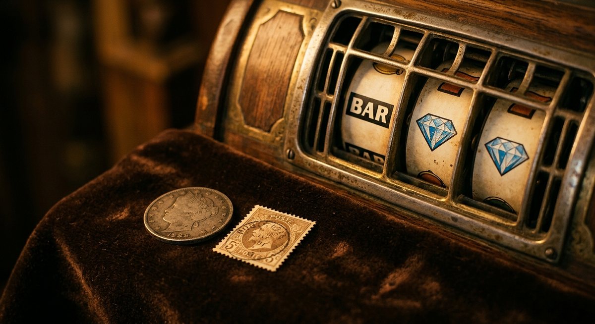 Koin tua dan perangko di atas kain beludru di samping gulungan mesin slot dengan simbol BAR dan diamond menyala emas lembut