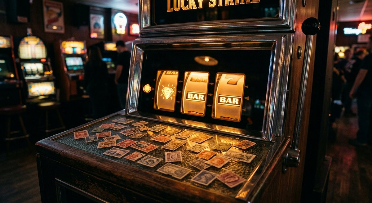 Perangko-pos vintage berserakan di atas meja kaca kabinet mesin slot dengan gulungan BAR dan diamond menyala keemasan