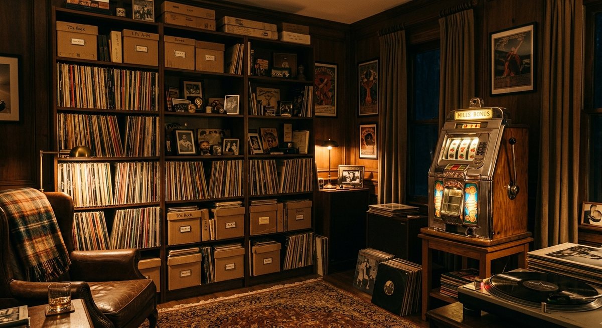 Ruang kerja kolektor yang hangat dengan rak album perangko dan satu kabinet mesin slot klasik menyala redup